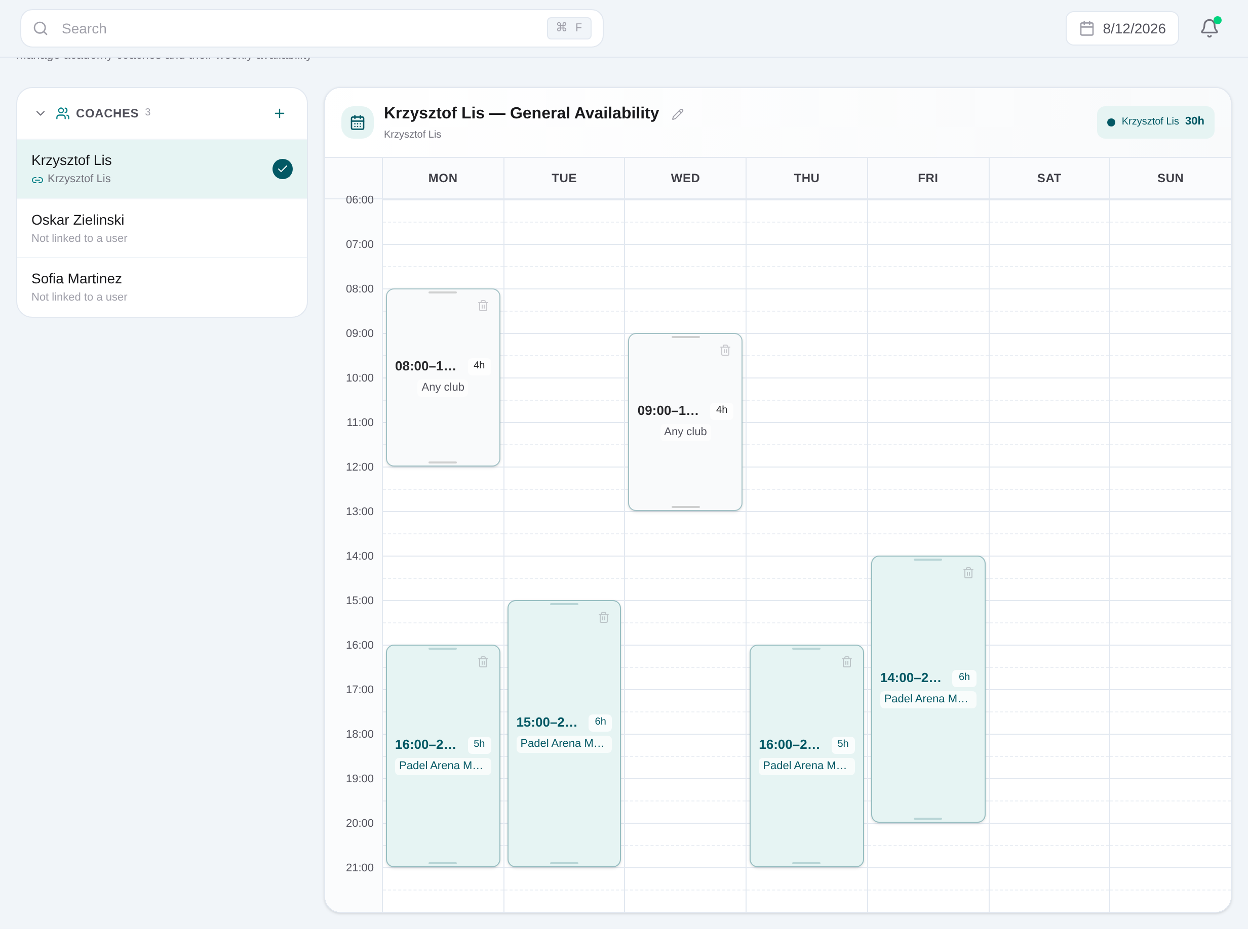 Coach profile weekly availability grid with editable time slots