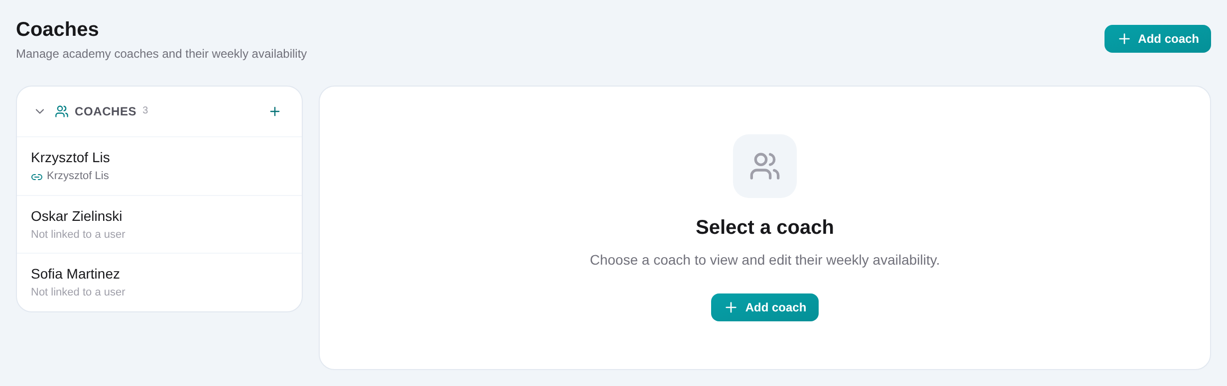 Side-by-side comparison of selected coaches’ weekly availability