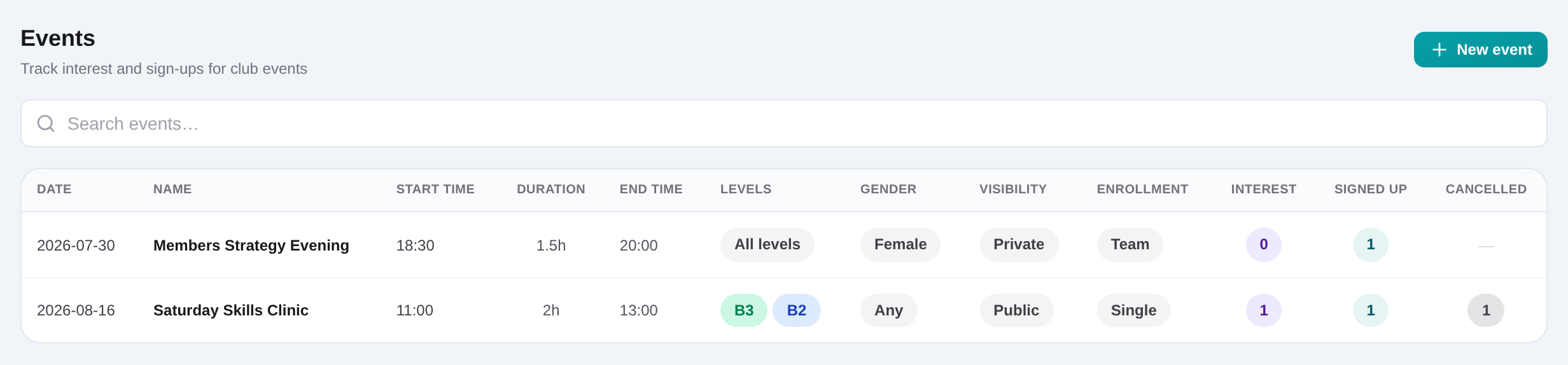 Club events list with dates and enrollment status context