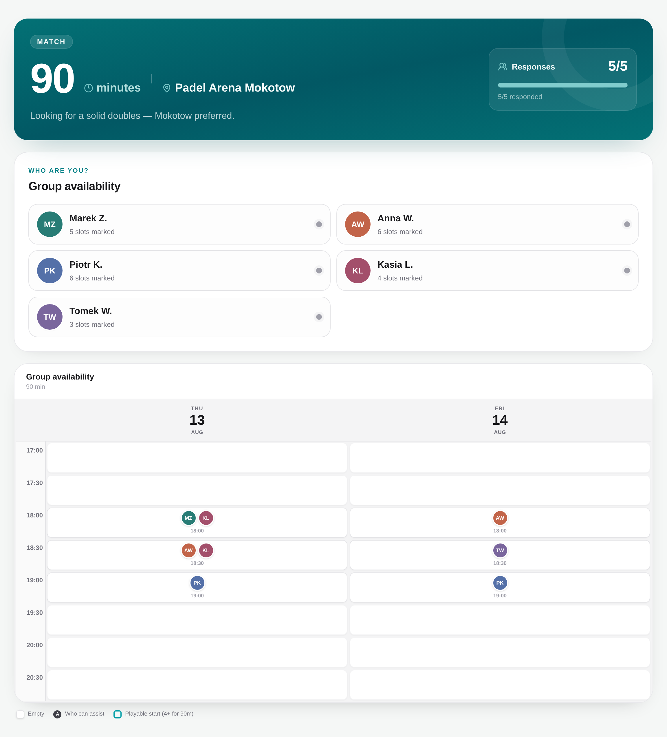 Guest-facing meet availability grid opened from a shareable link