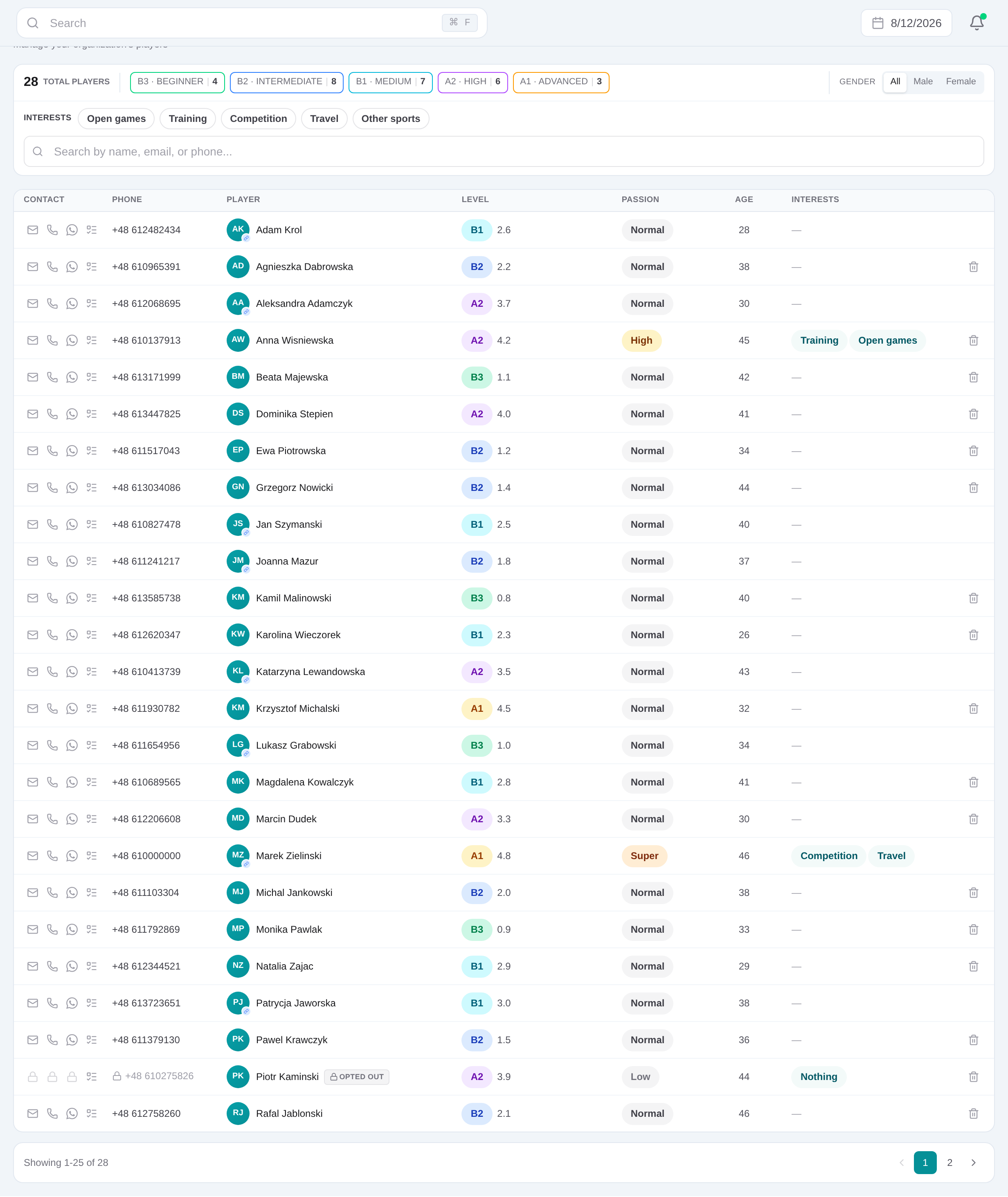 Player CRM list with search, filters and player details