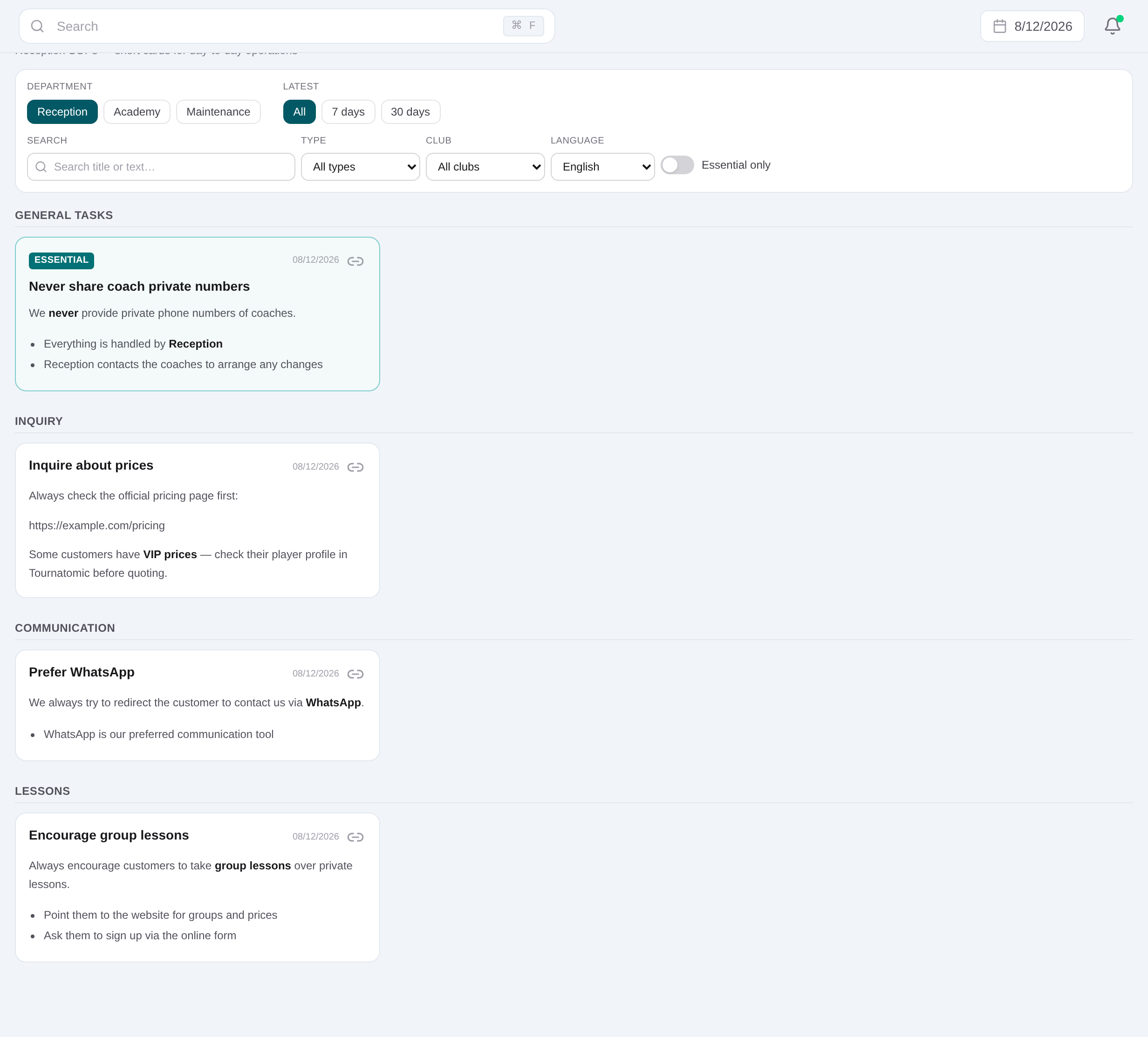 Procedures list with department, language and essential-process filters