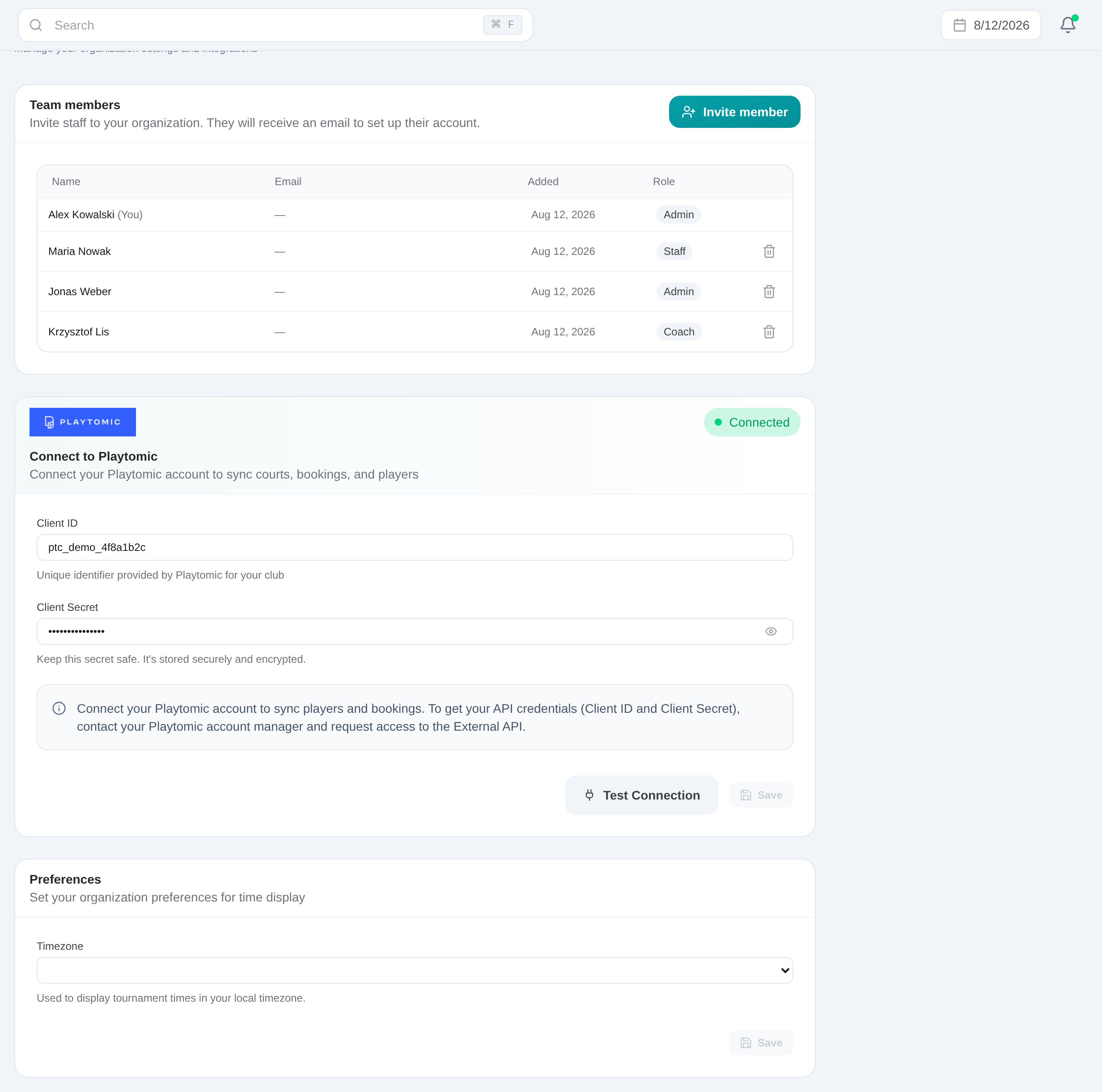 Tournatomic Settings screen for connecting and testing Playtomic