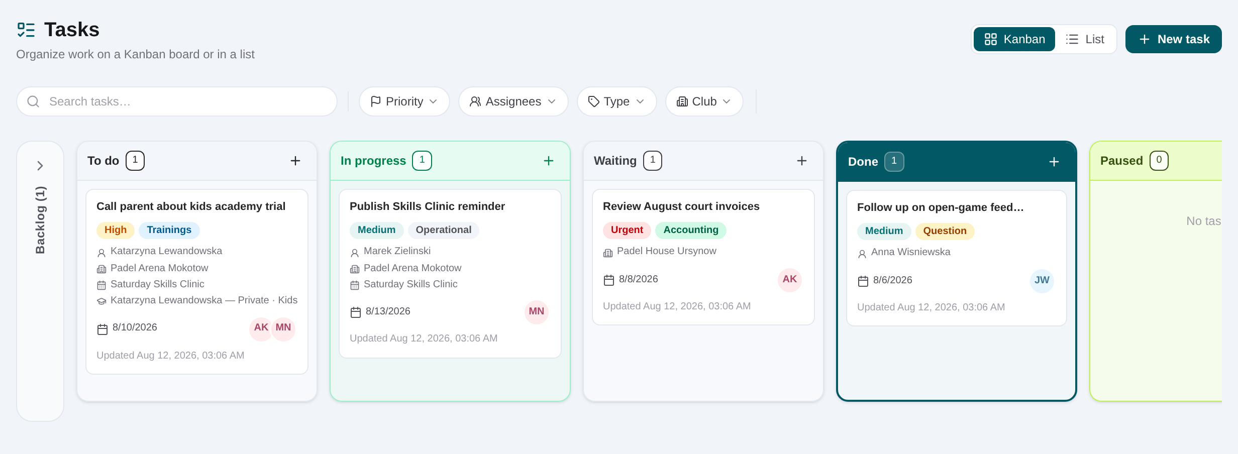 Club task board grouped by workflow status