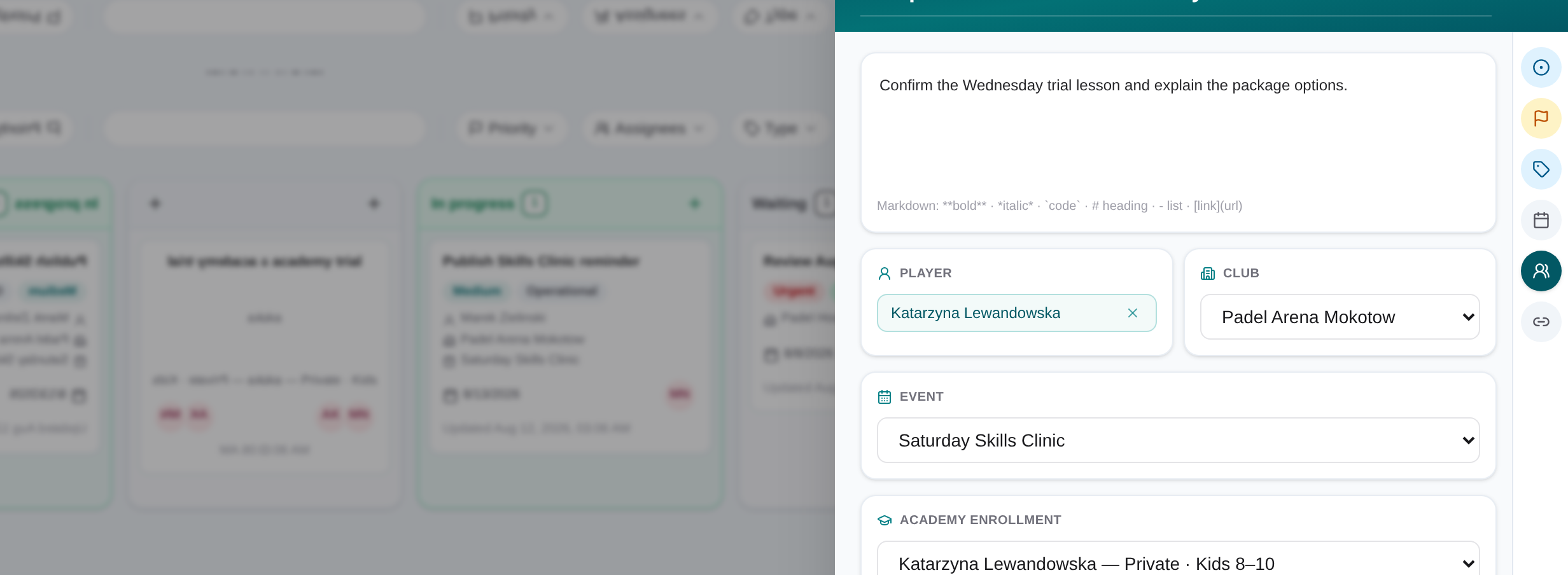 Task slide-over with assignee, due date, linked record and checklist